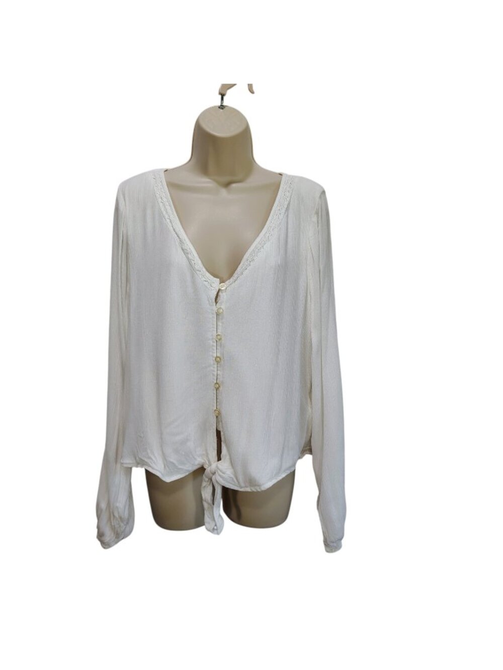 Hollister Blouse Womens Extra Large White Long Sleeve Tie Front Button Down